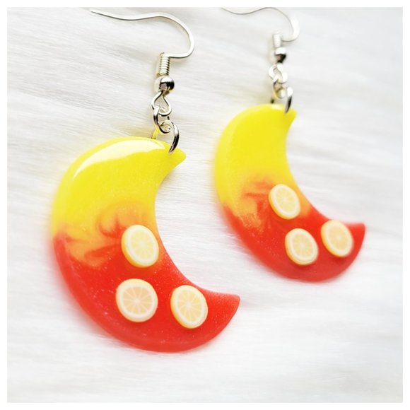 Strawberry Lemonade Earrings Yellow and Pinkish Red Moon Lemon Dangle Earrings - Picture 4 of 10